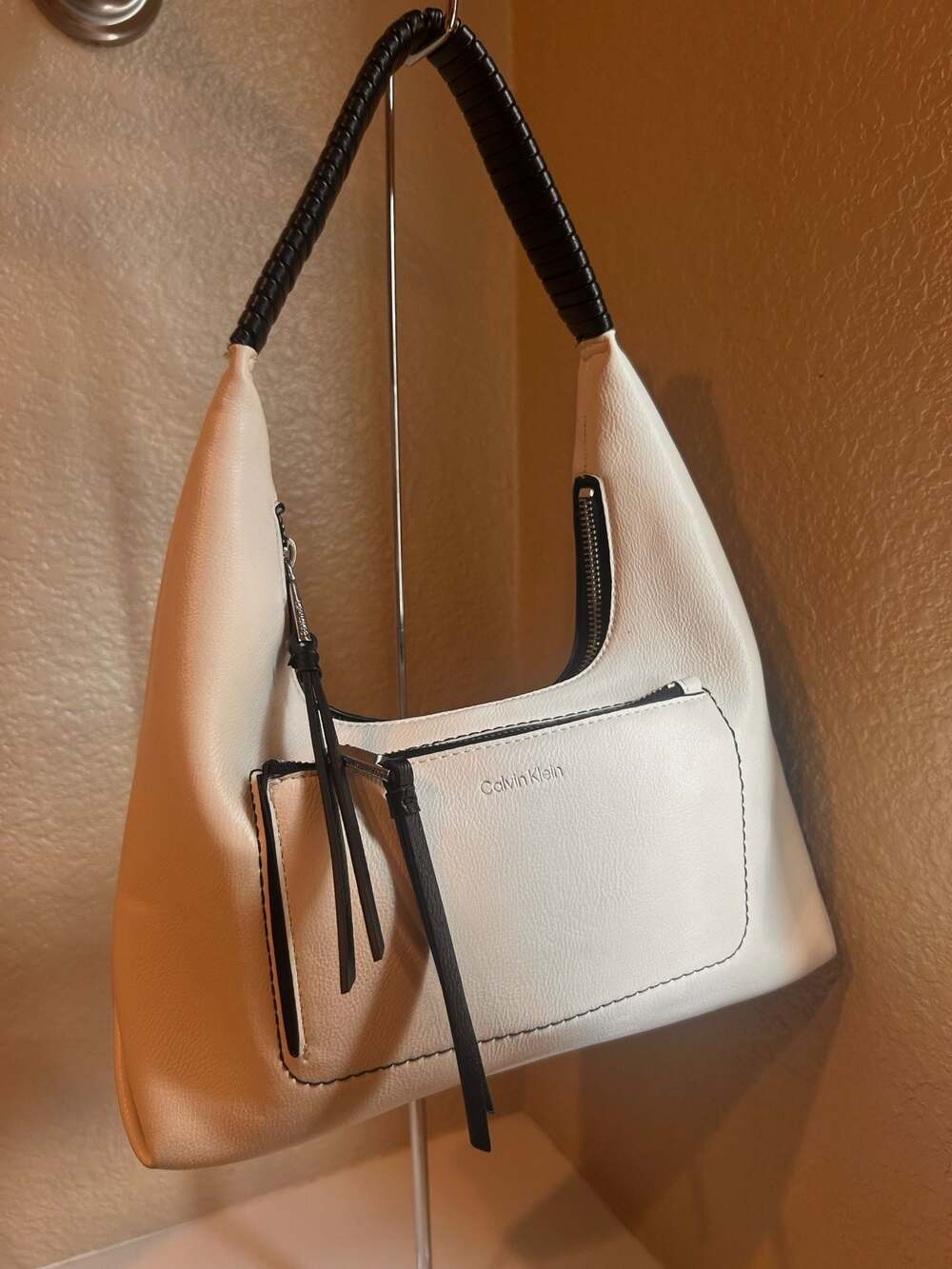 Calvin Klein White and Black Hobo Shoulder Bag with Front Pocket and Woven Strap
